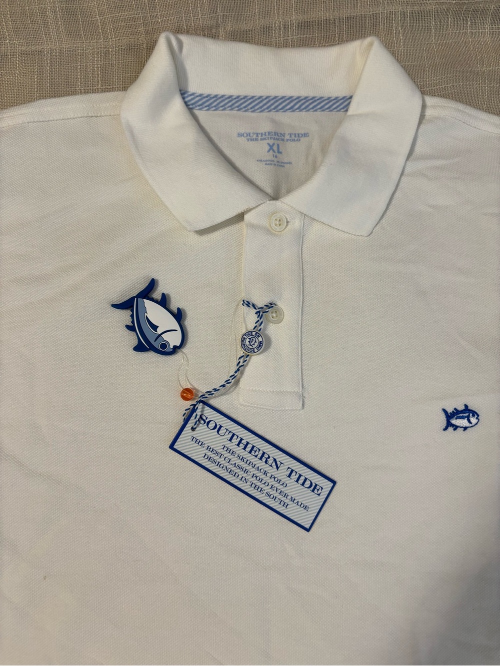 Southern Tide White Polo with Blue Fish Accent